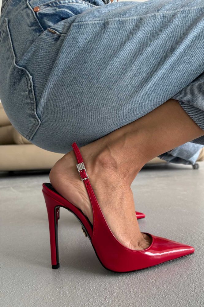 OwenGrid Stoned Buckle Thin Heel Patent Leather Stiletto Heel