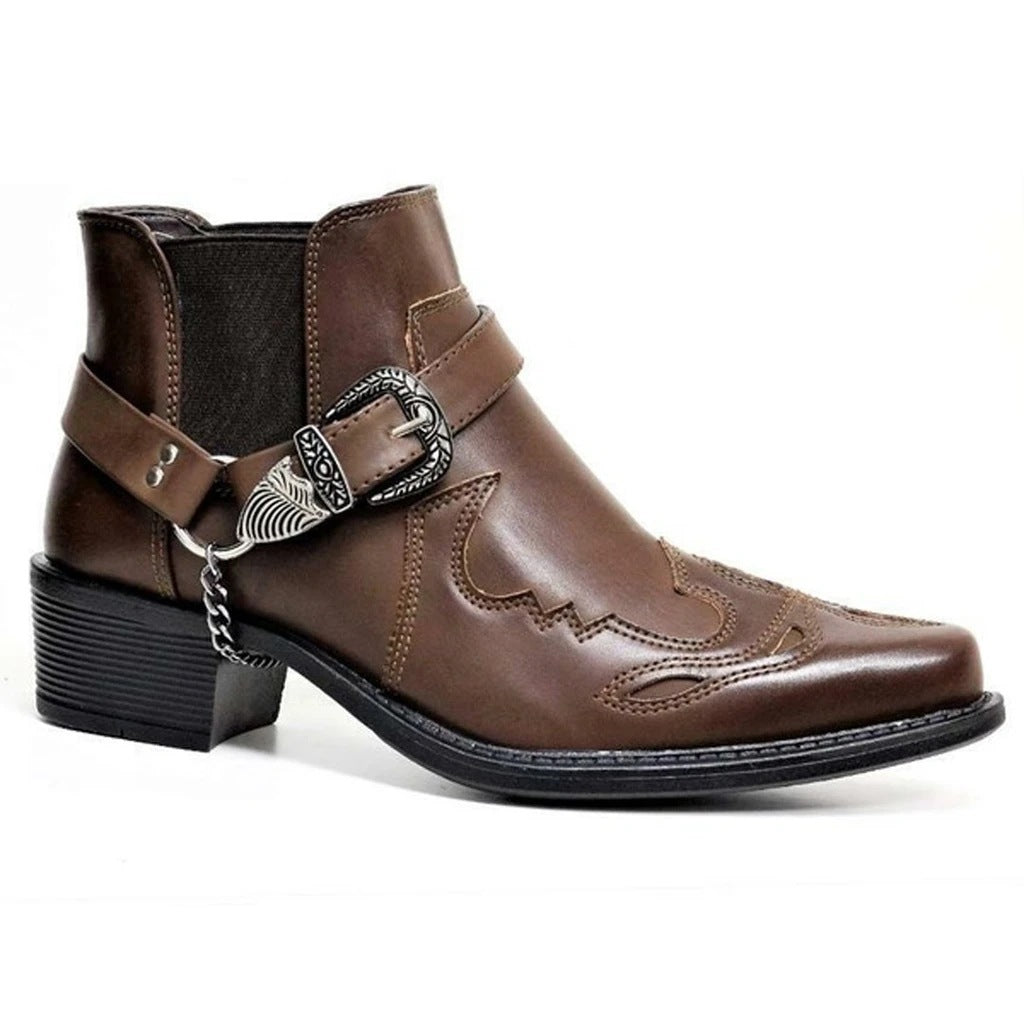 Men's Square Toe Chunky Heel Embroidered Ankle Boots