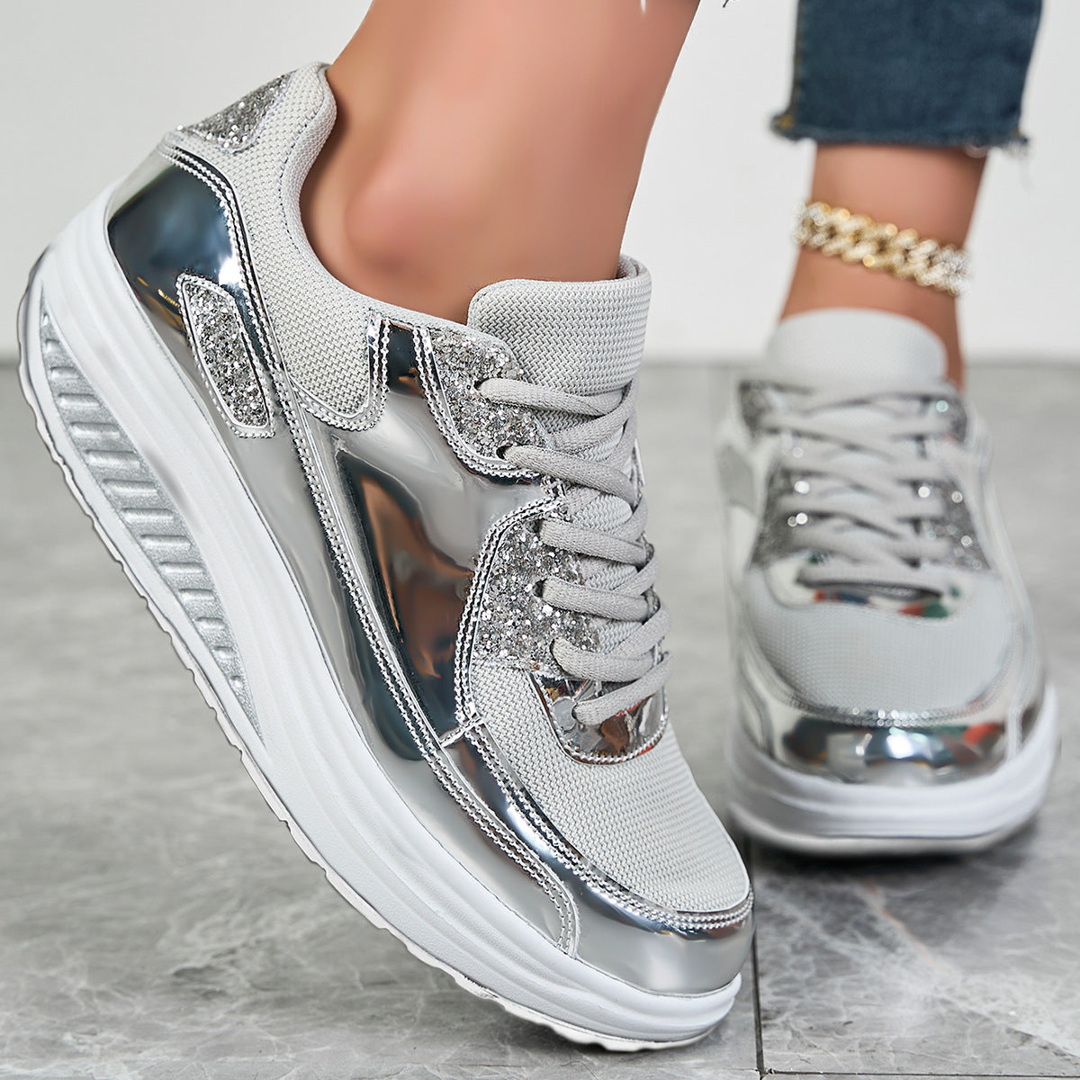 Women's Glitter Lace Up Contrast Mesh Walking Shoes