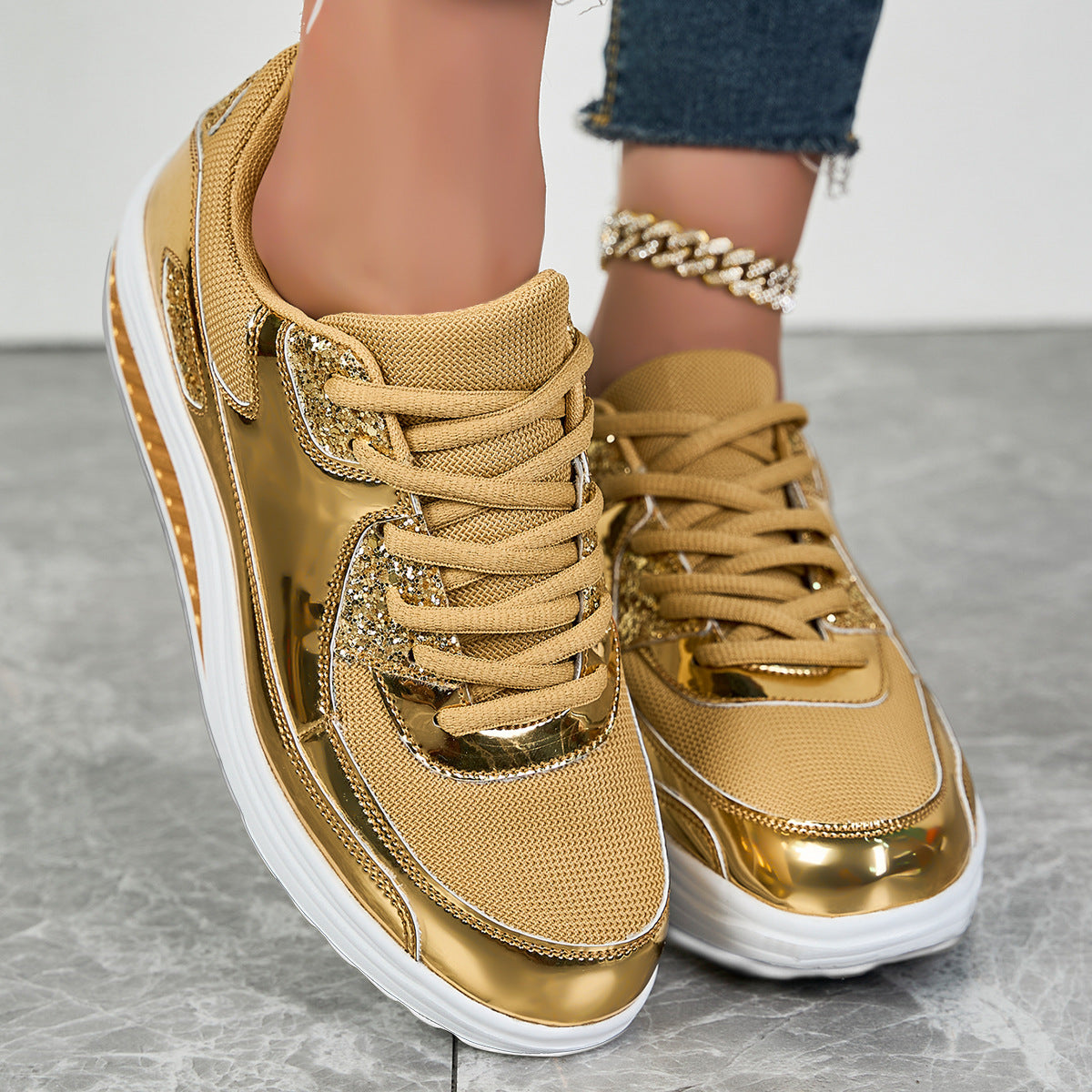 Women's Glitter Lace Up Contrast Mesh Walking Shoes