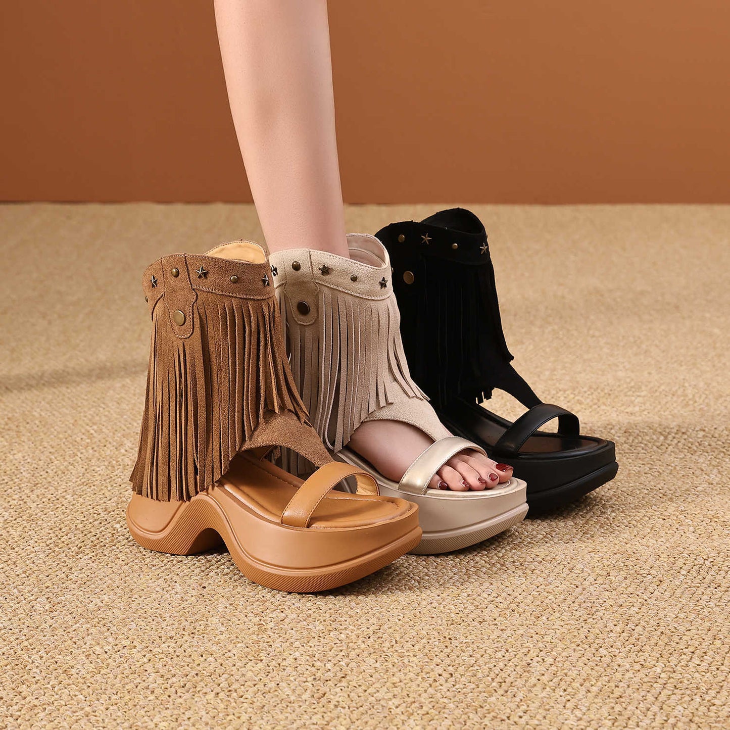Women's Tassel Rivet Platform Roman Sandal Boots