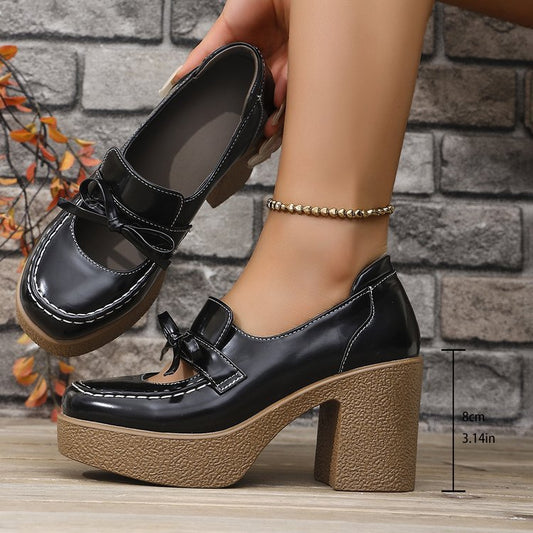 Women's Elegant Thick Heels Bow Decor Shoes