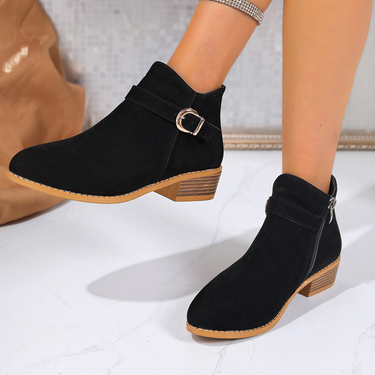 Women's Metal Buckle Suede Ankle Boots