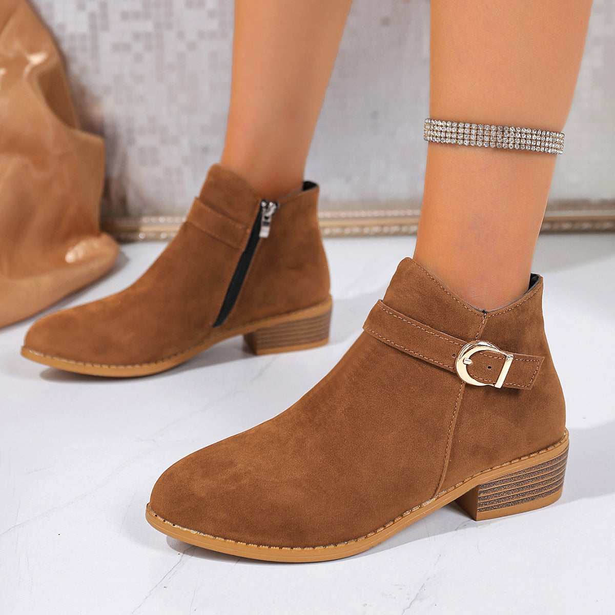 Women's Metal Buckle Suede Ankle Boots