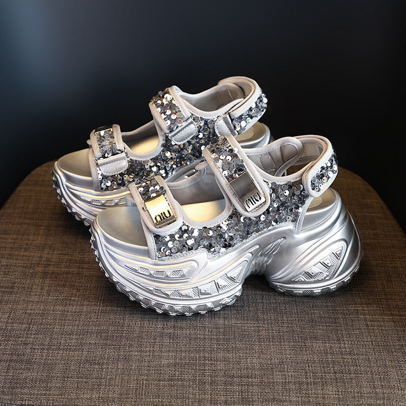 Adjustable Velcro Sandals with Sparkly Sequins & Platform Sole