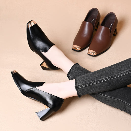 Women's Cowhide Metal Head Thick Heel Shoes