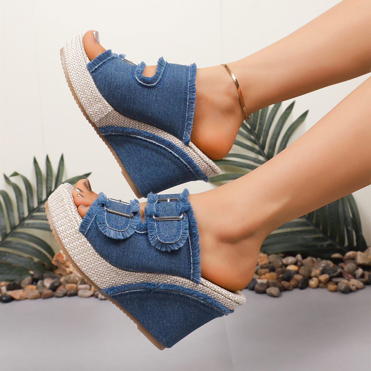 Women's Denim Wedge Slip-On Sandals