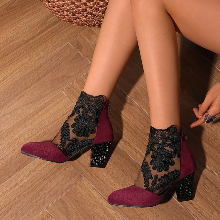 Women's Lace Mesh Chunky Heel Sandals