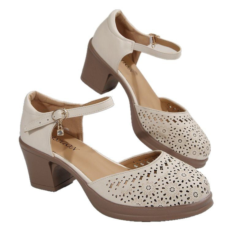 Women's Chunky Heel Hollow Buckle Sandals