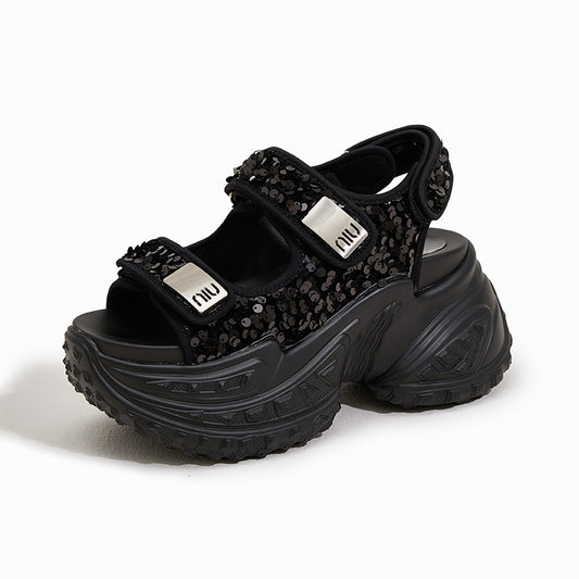 Adjustable Velcro Sandals with Sparkly Sequins & Platform Sole