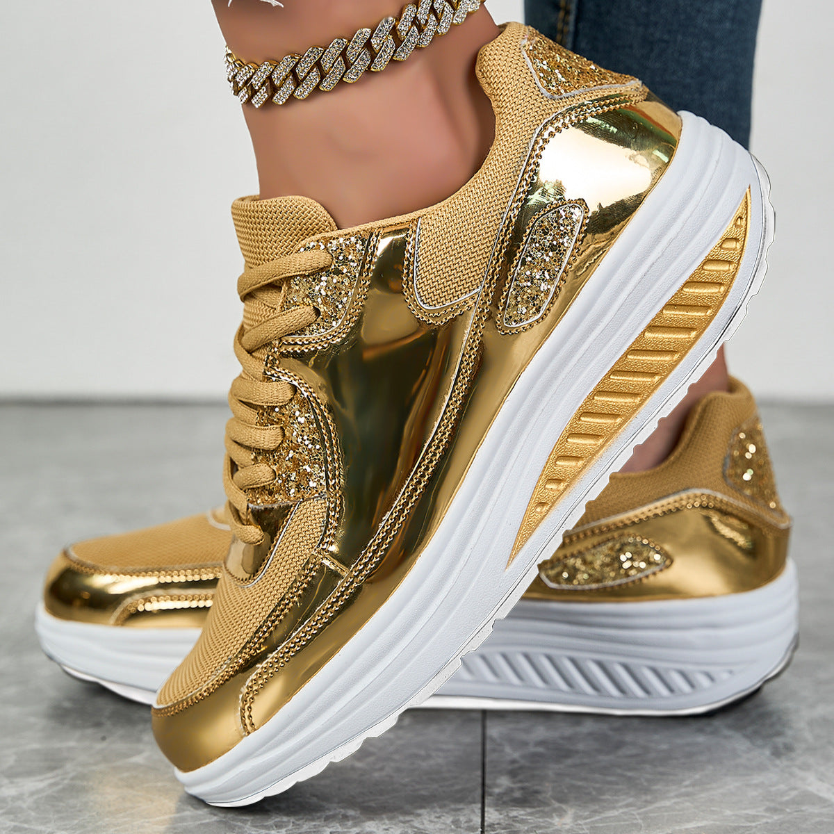Women's Glitter Lace Up Contrast Mesh Walking Shoes