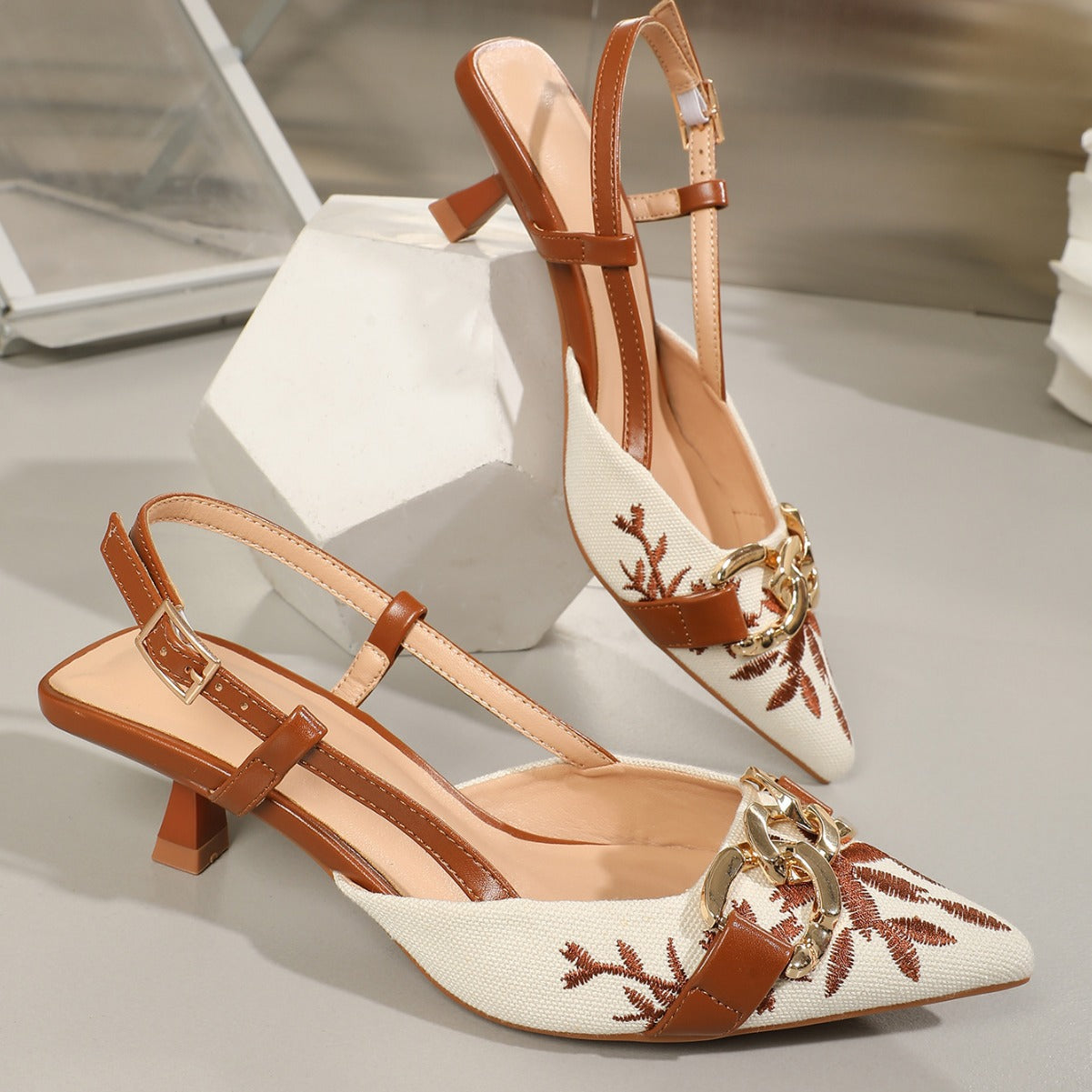 Women's Metal Buckle Embroidered Pointed Toe High Heels