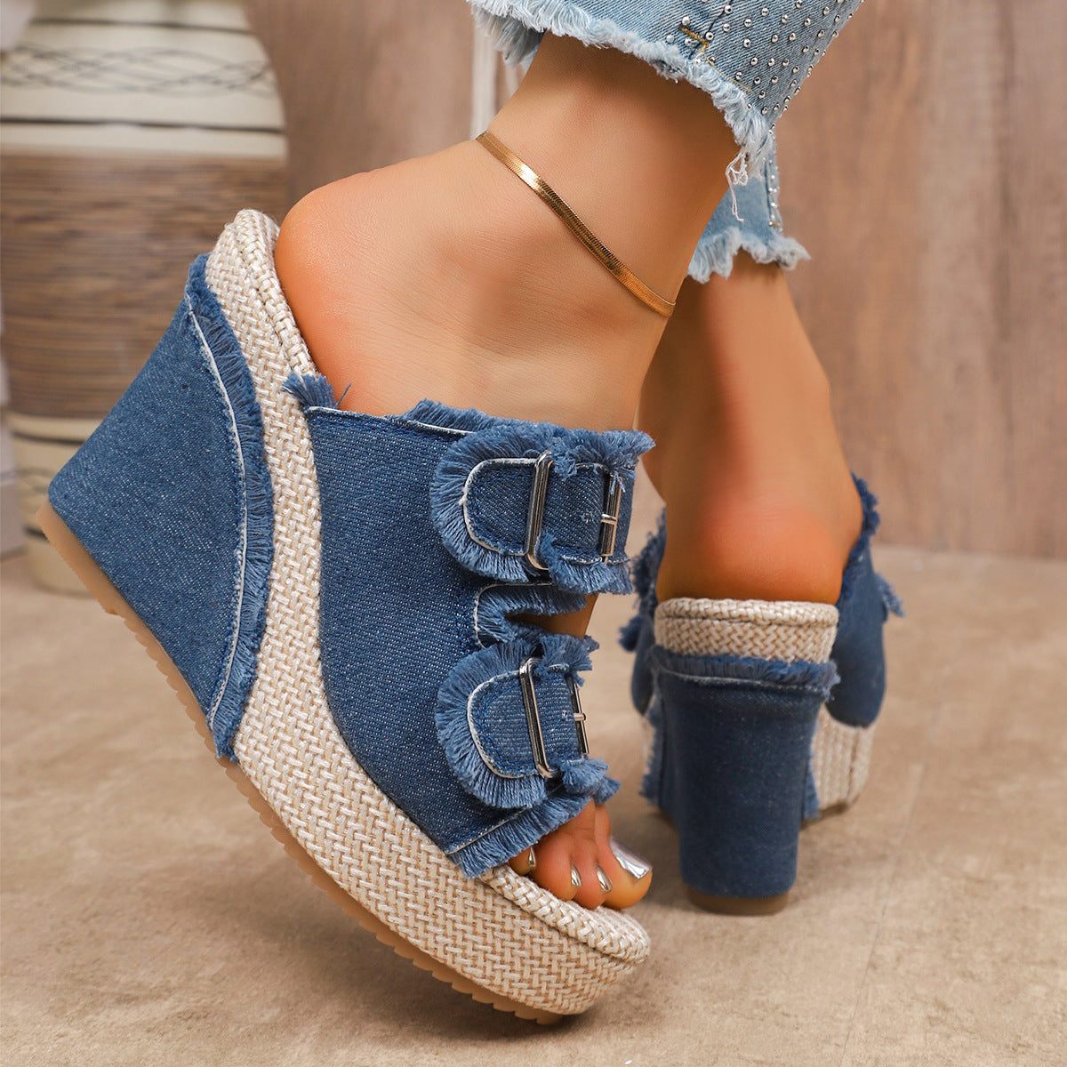 Women's Denim Wedge Slip-On Sandals