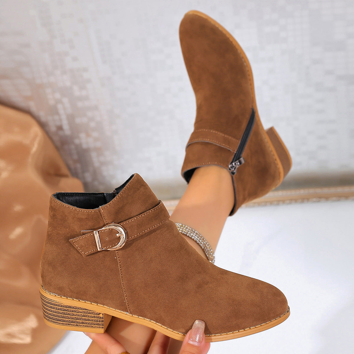 Women's Metal Buckle Suede Ankle Boots