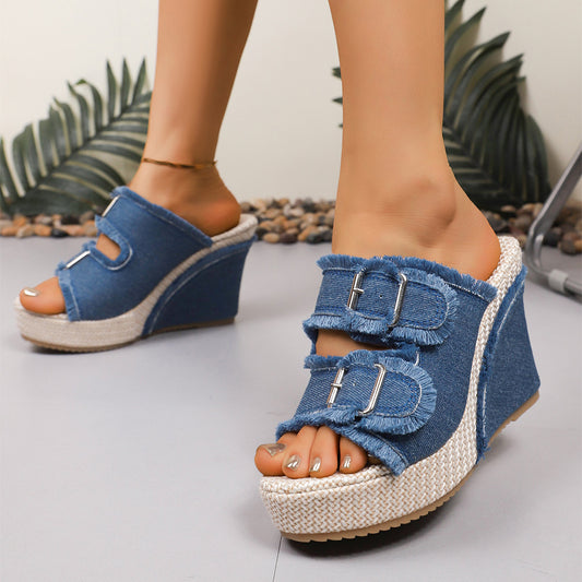 Women's Denim Wedge Slip-On Sandals