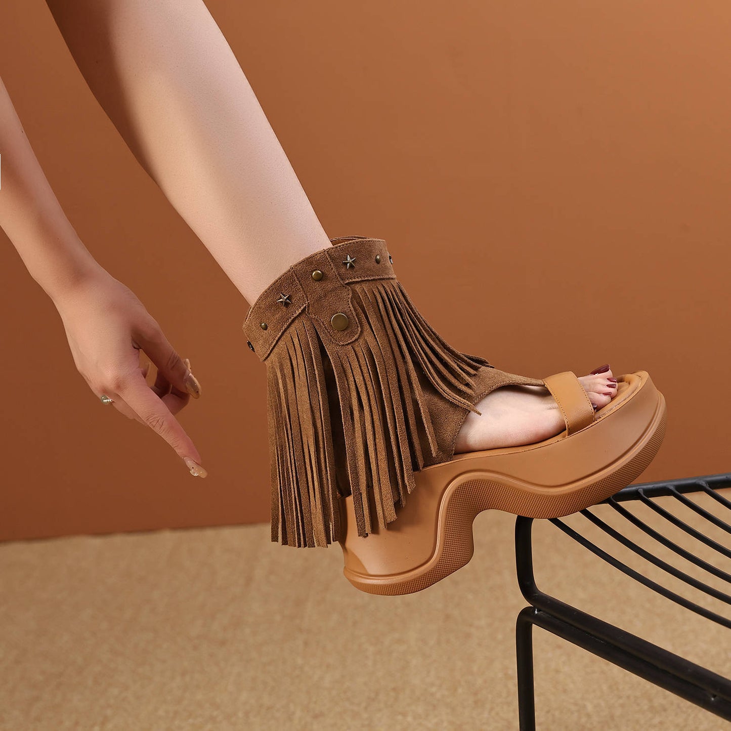 Women's Tassel Rivet Platform Roman Sandal Boots