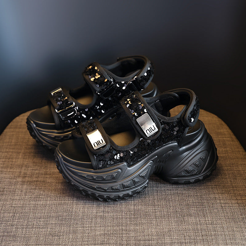 Adjustable Velcro Sandals with Sparkly Sequins & Platform Sole