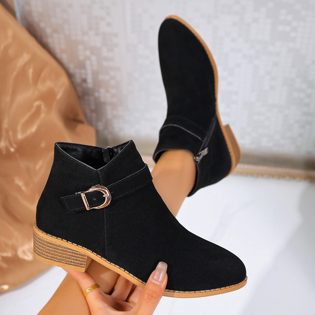 Women's Metal Buckle Suede Ankle Boots
