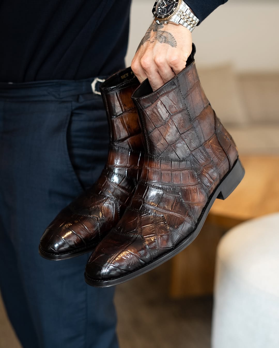 Italian Handmade Side Zipper Crocodile Leather Boots