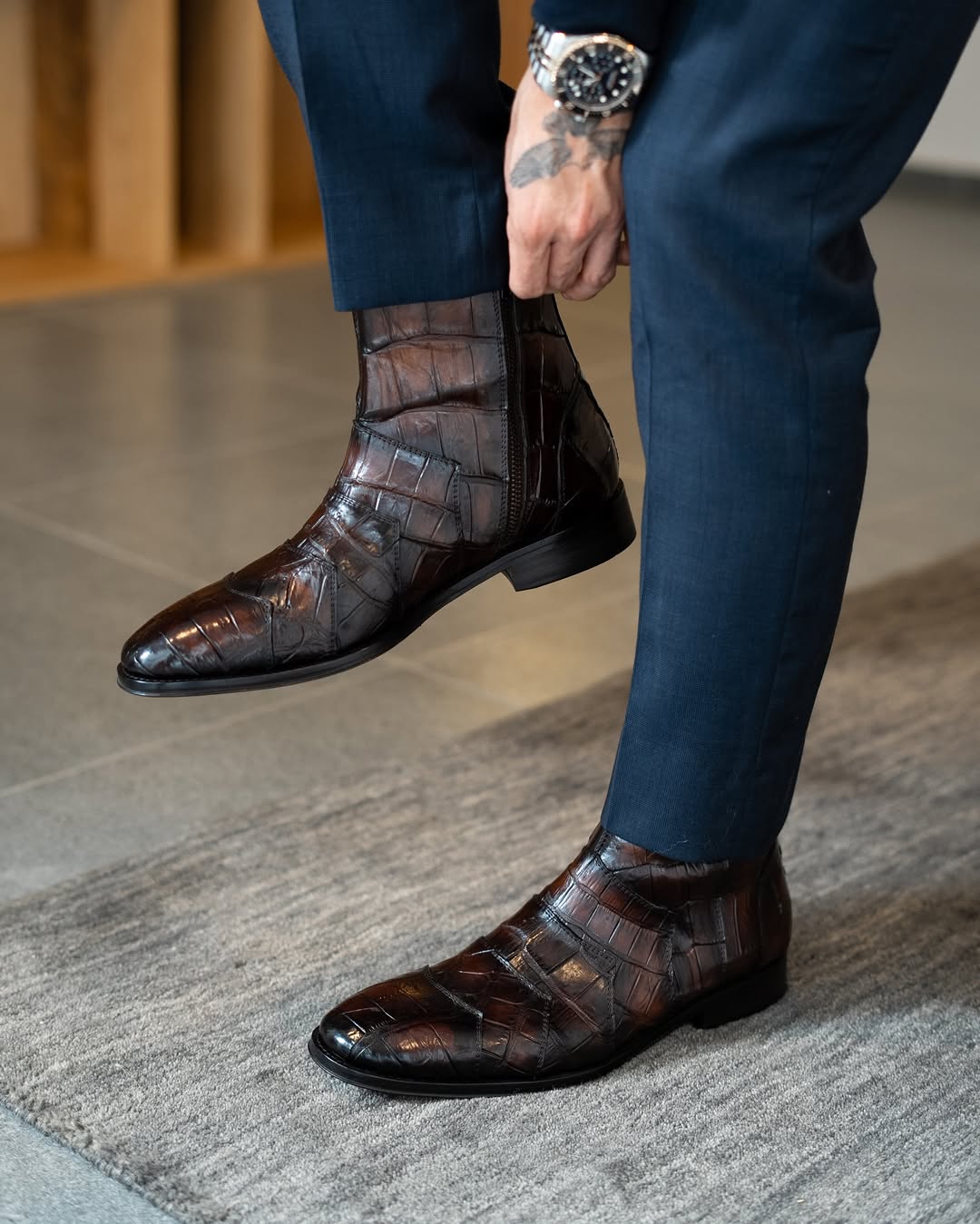 Italian Handmade Side Zipper Crocodile Leather Boots
