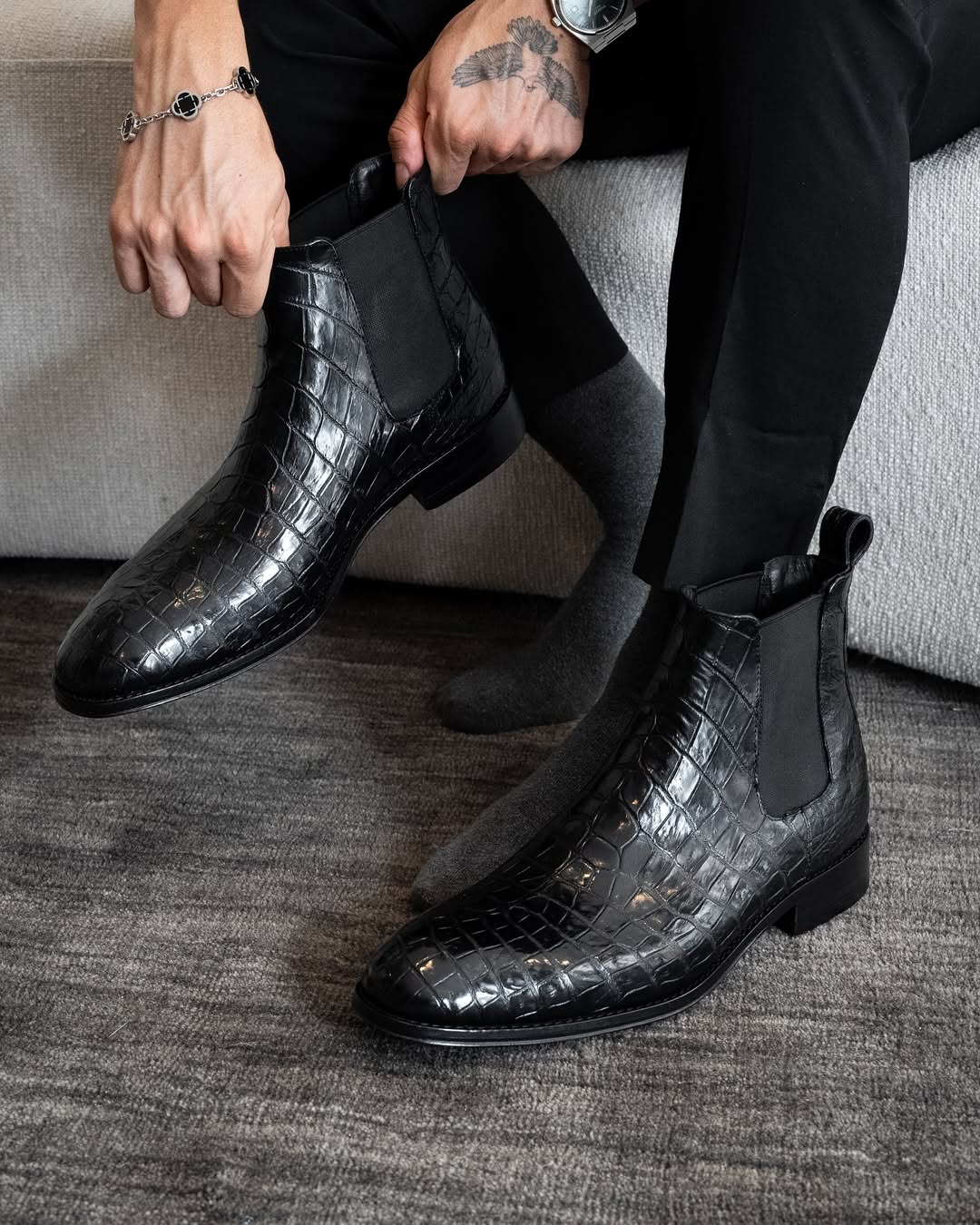 Italian Handmade Side Zipper Crocodile Leather Boots