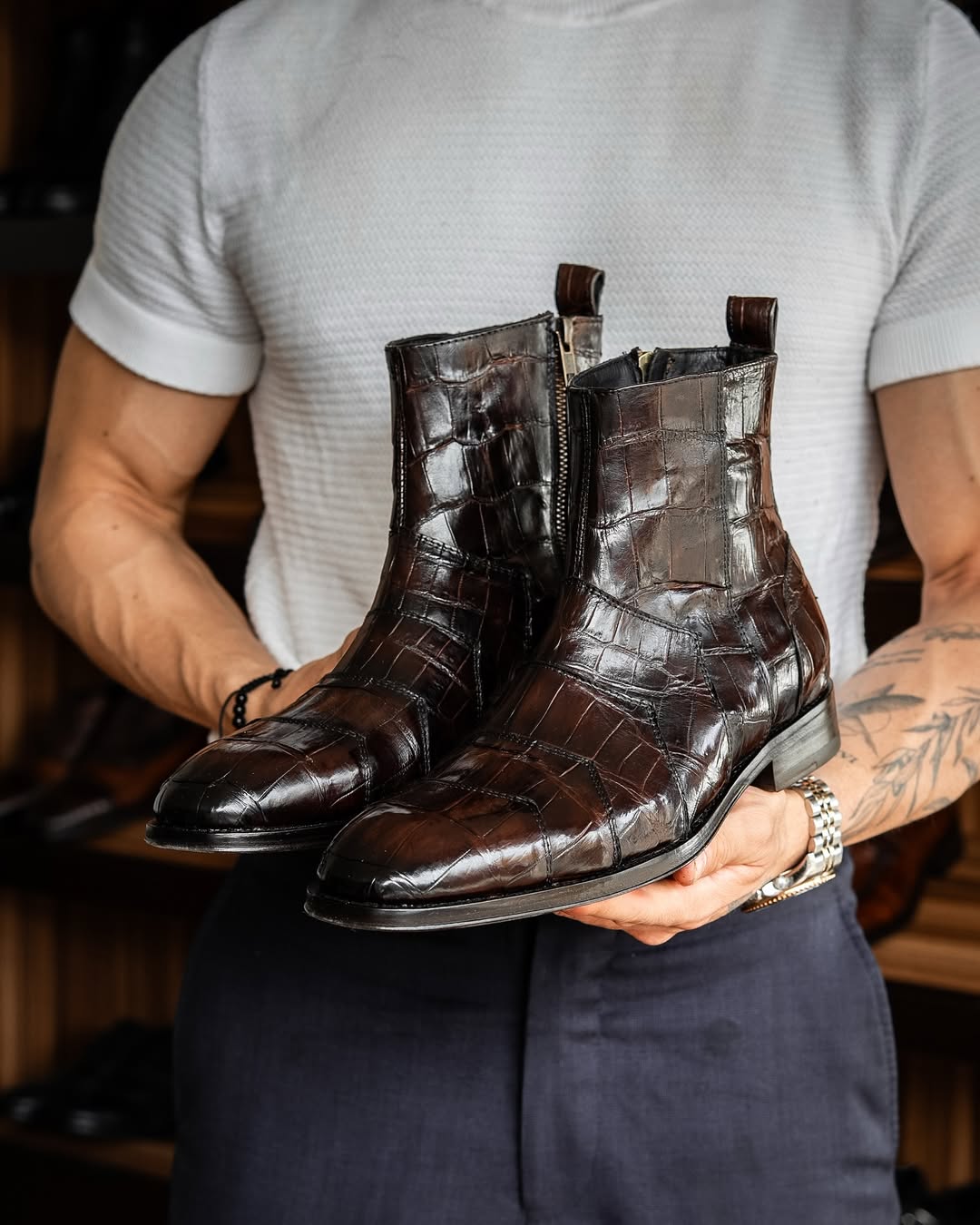 Italian Handmade Side Zipper Crocodile Leather Boots