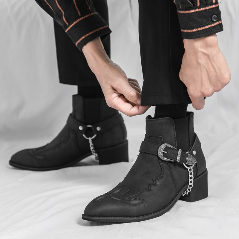 Men's Square Toe Chunky Heel Embroidered Ankle Boots