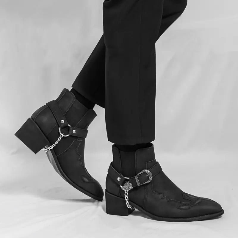 Men's Square Toe Chunky Heel Embroidered Ankle Boots