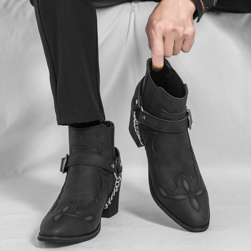 Men's Square Toe Chunky Heel Embroidered Ankle Boots