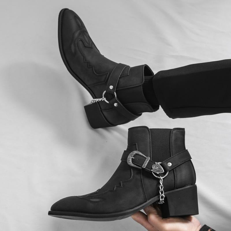 Men's Square Toe Chunky Heel Embroidered Ankle Boots