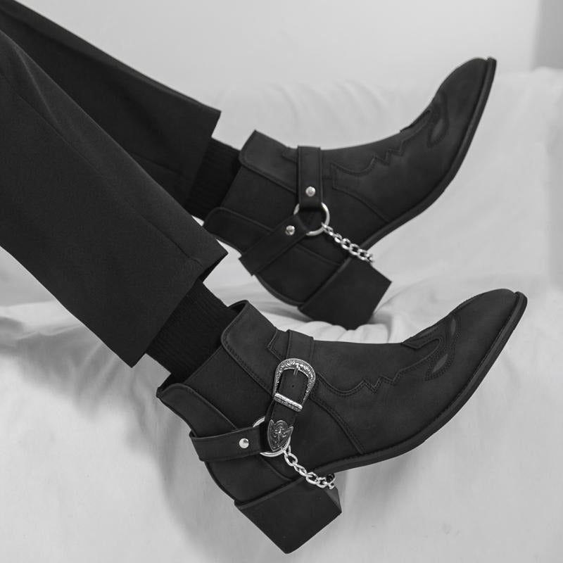 Men's Square Toe Chunky Heel Embroidered Ankle Boots