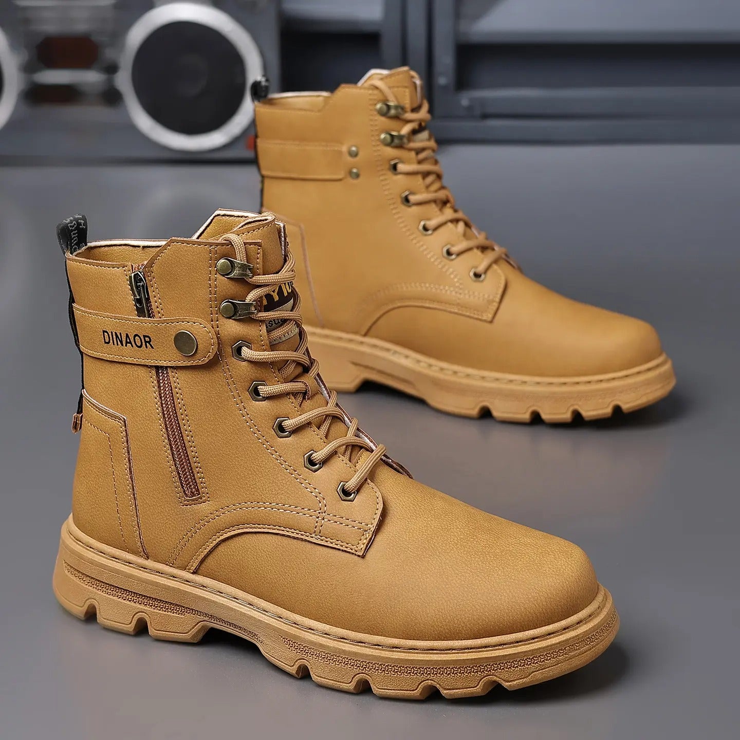 OwenGrid Men’s High-Top Casual Lace-Up Side Zipper Ankle Boots