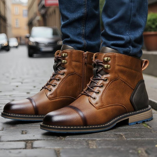 OwenGrid Men's Fashionable Lace Up Retro Zipper Mid-calf Boots