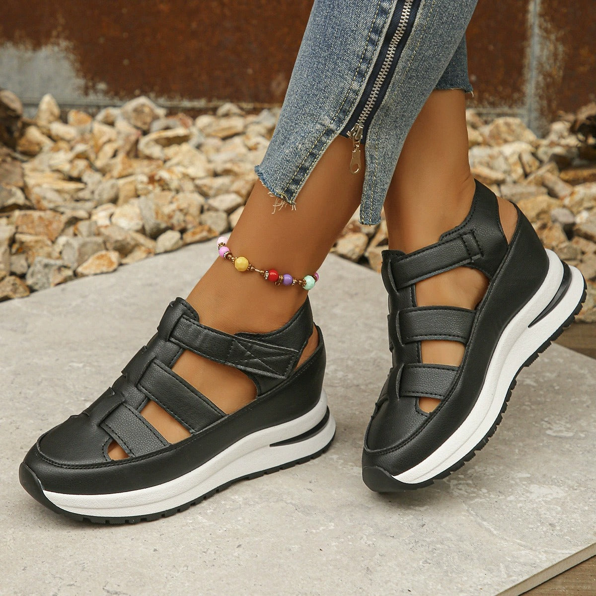OwenGrid Women's Hollow Leather Breathable Wedge Sandals