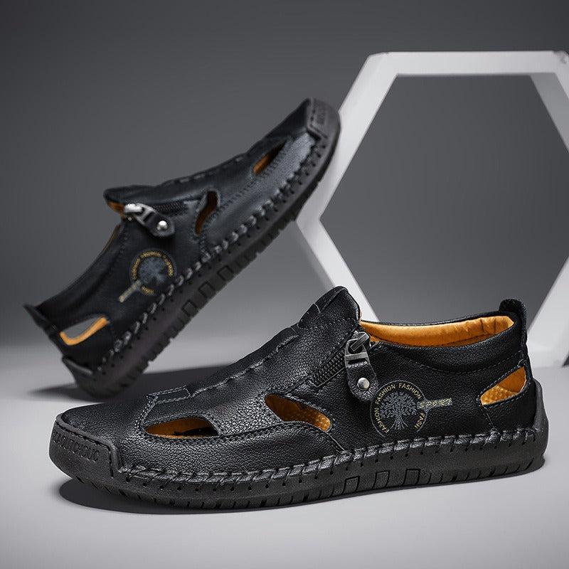 Men's Outdoor Leather Side zipper Closed Toe Beach Shoes
