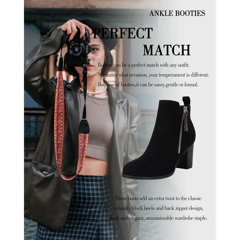 Women's Chunky Block Heel Side Zipper Pointd Toe Suede Ankle Boots