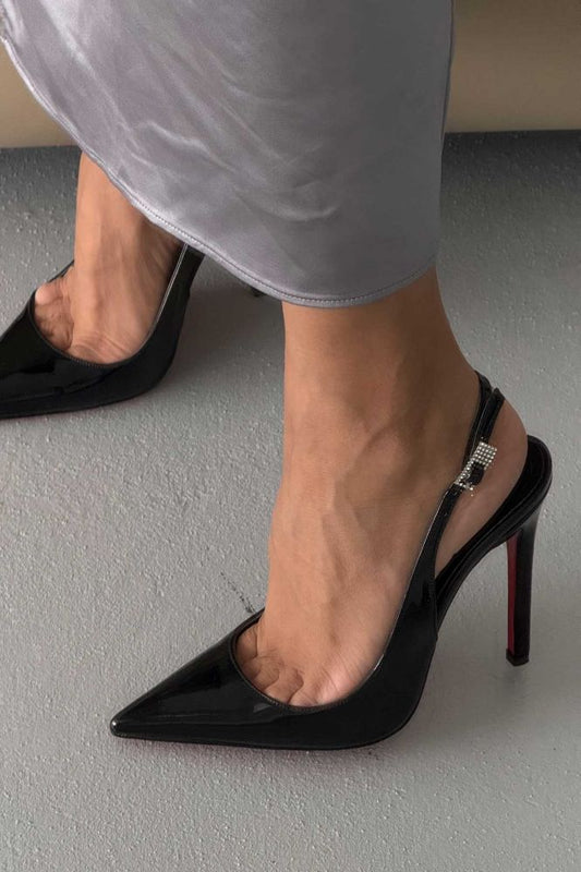 OwenGrid Stoned Buckle Thin Heel Patent Leather Stiletto Heel