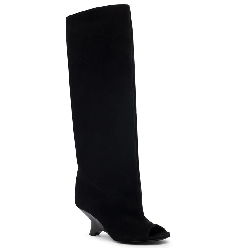 Women's Long Faux Suede Open Toe Boots
