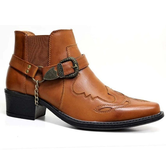 Men's Square Toe Chunky Heel Embroidered Ankle Boots