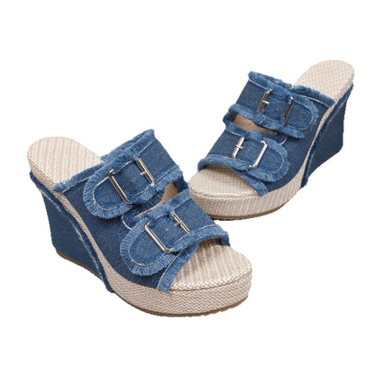 Women's Denim Wedge Slip-On Sandals