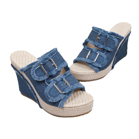 Women's Denim Wedge Slip-On Sandals