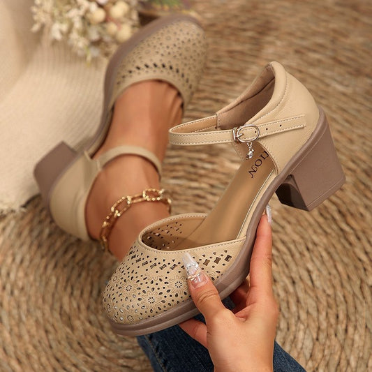 Women's Chunky Heel Hollow Buckle Sandals