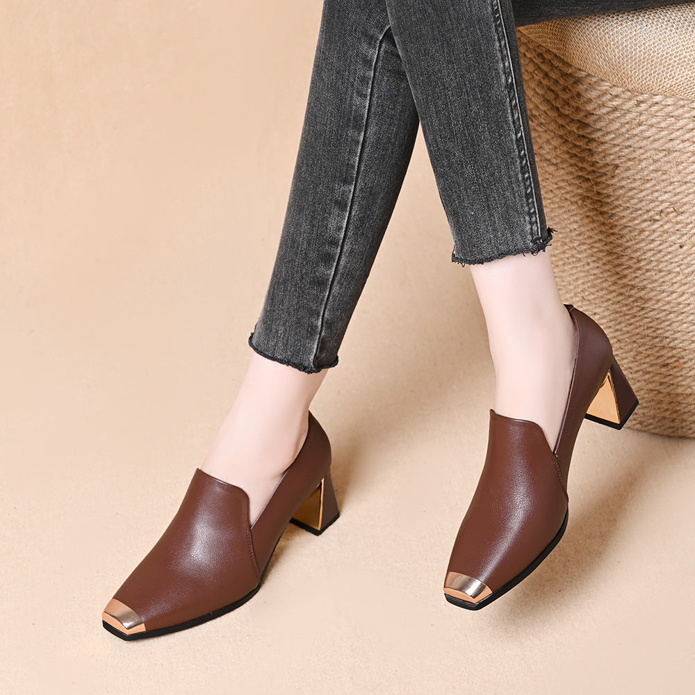 Women's Cowhide Metal Head Thick Heel Shoes