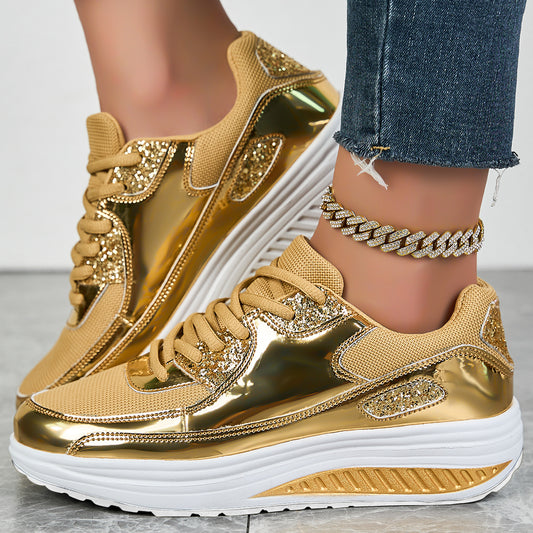 Women's Glitter Lace Up Contrast Mesh Walking Shoes