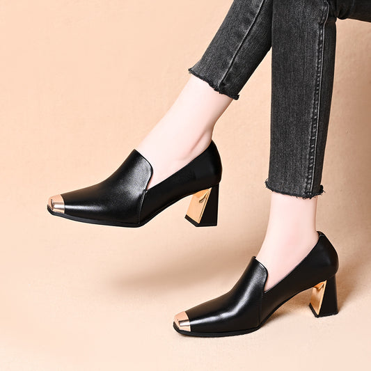 Women's Cowhide Metal Head Thick Heel Shoes