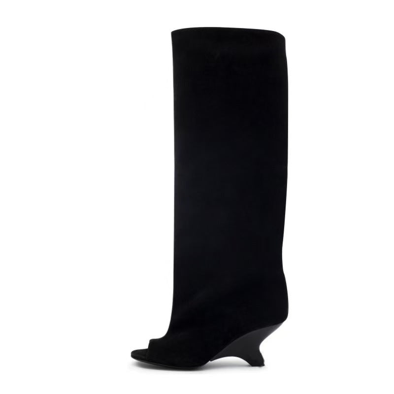 Women's Long Faux Suede Open Toe Boots