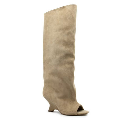Women's Long Faux Suede Open Toe Boots