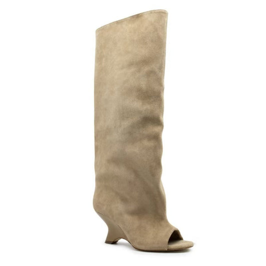 Women's Long Faux Suede Open Toe Boots