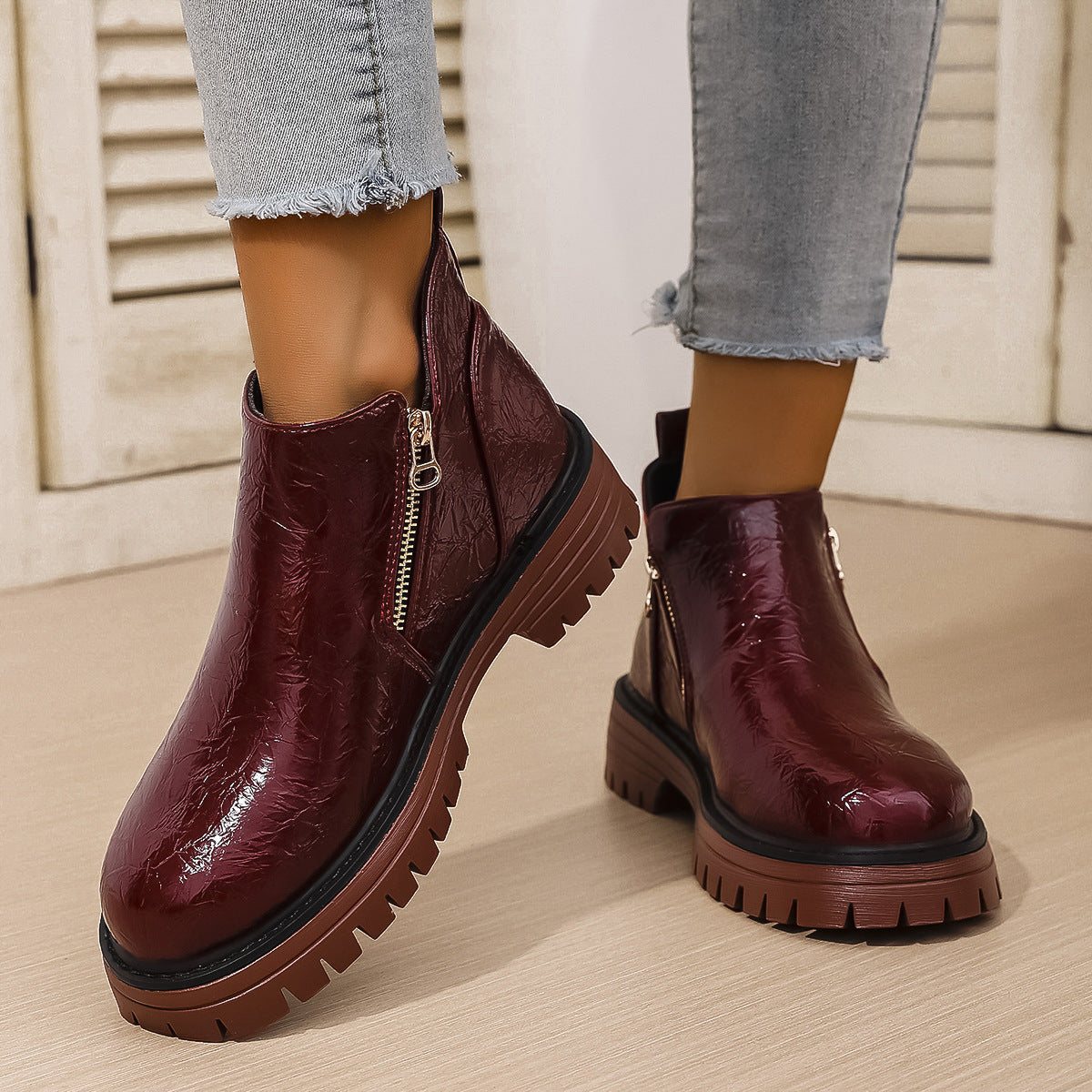 Women's Thick Round Toe Side Zipper Ankle Boots