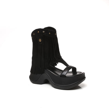 Women's Tassel Rivet Platform Roman Sandal Boots